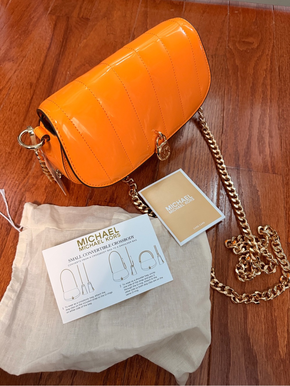 Michael Kors Mila Small Patent Convertible Crossbody Bag in Pop Orange - Picture 8 of 8